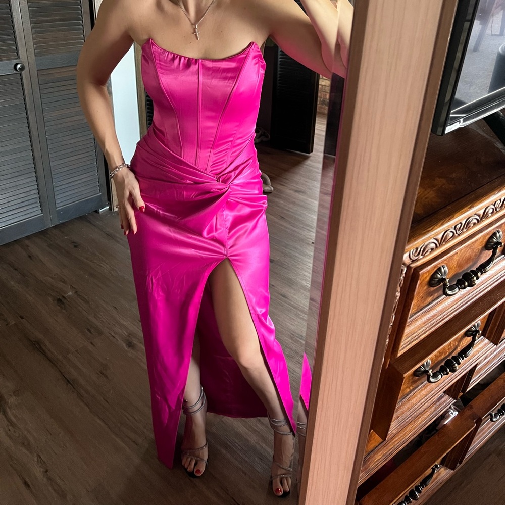 CLUB L LONDON hot pink satin bandeau corset maxi dress with thigh split